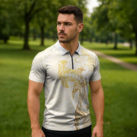 Gold and White Hawaii Zipper Polo Shirt Hammerhead Shark Tattoo Curve Polynesian LT14 - Polynesian Pride