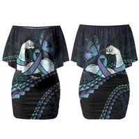 Personalised Polynesia Suicide Prevention Month Couples Matching Off Shoulder Short Dress and Long Sleeve Button Shirt Brave Strong Butterfly Teal Purple Ribbon LT14 - Polynesian Pride