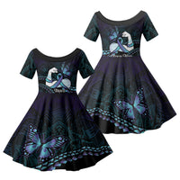 Personalised Polynesia Suicide Prevention Month Family Matching Puletasi and Hawaiian Shirt Brave Strong Butterfly Teal Purple Ribbon LT14 Daughter's Dress Purple - Polynesian Pride