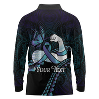 Personalised Polynesia Suicide Prevention Month Long Sleeve Polo Shirt Brave Strong Butterfly Teal Purple Ribbon LT14 - Polynesian Pride