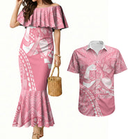 Personalised Polynesia Breast Cancer Awareness Couples Matching Mermaid Dress and Hawaiian Shirt Brave Strong Butterfly Pink Ribbon LT14 Pink - Polynesian Pride
