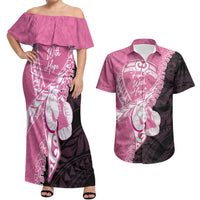 Personalised Polynesia Breast Cancer Awareness Couples Matching Off Shoulder Maxi Dress and Hawaiian Shirt Fight With Hope Pink Ribbon Boxing Gloves LT14 Pink - Polynesian Pride