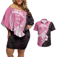 Personalised Polynesia Breast Cancer Awareness Couples Matching Off Shoulder Short Dress and Hawaiian Shirt Fight With Hope Pink Ribbon Boxing Gloves LT14 Pink - Polynesian Pride