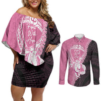 Personalised Polynesia Breast Cancer Awareness Couples Matching Off Shoulder Short Dress and Long Sleeve Button Shirt Fight With Hope Pink Ribbon Boxing Gloves LT14 Pink - Polynesian Pride