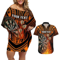 Personalised Polynesian Darts Couples Matching Off Shoulder Short Dress and Hawaiian Shirt Fire Burning With Tribal Tattoo LT14 Orange - Polynesian Pride