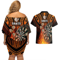 Personalised Polynesian Darts Couples Matching Off Shoulder Short Dress and Hawaiian Shirt Fire Burning With Tribal Tattoo LT14 - Polynesian Pride
