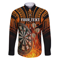 Personalised Polynesian Darts Family Matching Off Shoulder Maxi Dress and Hawaiian Shirt Fire Burning With Tribal Tattoo LT14 Dad's Shirt - Long Sleeve Orange - Polynesian Pride