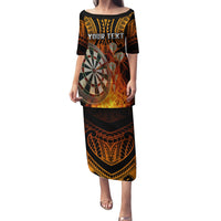 Personalised Polynesian Darts Puletasi Fire Burning With Tribal Tattoo LT14 Long Dress Orange - Polynesian Pride