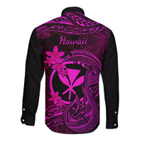 Hawaii Long Sleeve Button Shirt Fish Hook Tattoo Mix Polynesian Plumeria Pink Version LT14 - Polynesian Pride