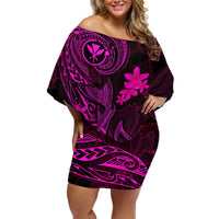 Hawaii Off Shoulder Short Dress Fish Hook Tattoo Mix Polynesian Plumeria Pink Version LT14 Women Pink - Polynesian Pride
