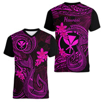 Hawaii Women V Neck T Shirt Fish Hook Tattoo Mix Polynesian Plumeria Pink Version LT14 - Polynesian Pride