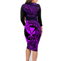 Hawaii Family Matching Long Sleeve Bodycon Dress and Hawaiian Shirt Fish Hook Tattoo Mix Polynesian Plumeria Purple Version LT14 - Polynesian Pride