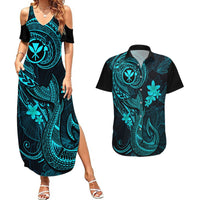 Hawaii Couples Matching Summer Maxi Dress and Hawaiian Shirt Fish Hook Tattoo Mix Polynesian Plumeria Turquoise Version LT14 Turquoise - Polynesian Pride
