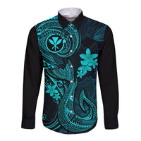 Hawaii Long Sleeve Button Shirt Fish Hook Tattoo Mix Polynesian Plumeria Turquoise Version LT14 Unisex Turquoise - Polynesian Pride