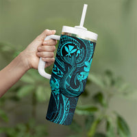 Hawaii Tumbler With Handle Fish Hook Tattoo Mix Polynesian Plumeria Turquoise Version LT14 - Polynesian Pride