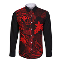 Hawaii Long Sleeve Button Shirt Fish Hook Tattoo Mix Polynesian Plumeria Red Version LT14 Unisex Red - Polynesian Pride