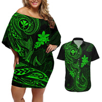 Hawaii Couples Matching Off Shoulder Short Dress and Hawaiian Shirt Fish Hook Tattoo Mix Polynesian Plumeria Green Version LT14 Green - Polynesian Pride