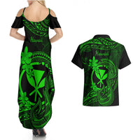 Hawaii Couples Matching Summer Maxi Dress and Hawaiian Shirt Fish Hook Tattoo Mix Polynesian Plumeria Green Version LT14 - Polynesian Pride