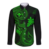 Hawaii Long Sleeve Button Shirt Fish Hook Tattoo Mix Polynesian Plumeria Green Version LT14 Unisex Green - Polynesian Pride