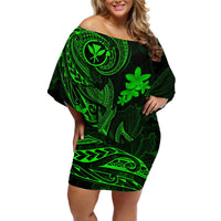 Hawaii Off Shoulder Short Dress Fish Hook Tattoo Mix Polynesian Plumeria Green Version LT14 Women Green - Polynesian Pride