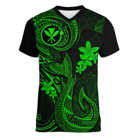 Hawaii Women V Neck T Shirt Fish Hook Tattoo Mix Polynesian Plumeria Green Version LT14 Female Green - Polynesian Pride