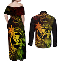 Hawaii Couples Matching Off Shoulder Maxi Dress and Long Sleeve Button Shirts Hula Girl Mix Polynesian Plumeria Reggae Version LT14 - Polynesian Pride