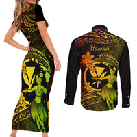 Hawaii Couples Matching Short Sleeve Bodycon Dress and Long Sleeve Button Shirts Hula Girl Mix Polynesian Plumeria Reggae Version LT14 - Polynesian Pride