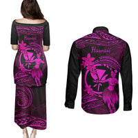Hawaii Couples Matching Puletasi Dress and Long Sleeve Button Shirts Hula Girl Mix Polynesian Plumeria Pink Version LT14 - Polynesian Pride