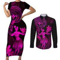 Hawaii Couples Matching Short Sleeve Bodycon Dress and Long Sleeve Button Shirts Hula Girl Mix Polynesian Plumeria Pink Version LT14 Pink - Polynesian Pride