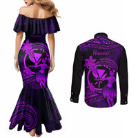 Hawaii Couples Matching Mermaid Dress and Long Sleeve Button Shirts Hula Girl Mix Polynesian Plumeria Purple Version LT14 - Polynesian Pride