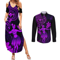 Hawaii Couples Matching Summer Maxi Dress and Long Sleeve Button Shirts Hula Girl Mix Polynesian Plumeria Purple Version LT14 Purple - Polynesian Pride