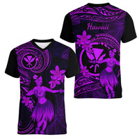 Hawaii Women V Neck T Shirt Hula Girl Mix Polynesian Plumeria Purple Version LT14 - Polynesian Pride