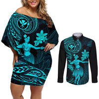 Hawaii Couples Matching Off Shoulder Short Dress and Long Sleeve Button Shirts Hula Girl Mix Polynesian Plumeria Turquoise Version LT14 Turquoise - Polynesian Pride