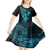 Hawaii Kid Short Sleeve Dress Hula Girl Mix Polynesian Plumeria Turquoise Version LT14 - Polynesian Pride