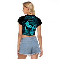Hawaii Raglan Cropped T Shirt Hula Girl Mix Polynesian Plumeria Turquoise Version LT14 - Polynesian Pride