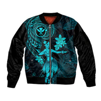 Hawaii Sleeve Zip Bomber Jacket Hula Girl Mix Polynesian Plumeria Turquoise Version LT14 Unisex Turquoise - Polynesian Pride