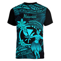 Hawaii Women V Neck T Shirt Hula Girl Mix Polynesian Plumeria Turquoise Version LT14 - Polynesian Pride
