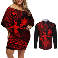 Hawaii Couples Matching Off Shoulder Short Dress and Long Sleeve Button Shirts Hula Girl Mix Polynesian Plumeria Red Version LT14 Red - Polynesian Pride