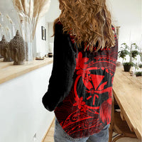 Hawaii Women Casual Shirt Hula Girl Mix Polynesian Plumeria Red Version LT14 - Polynesian Pride