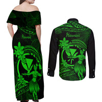 Hawaii Couples Matching Off Shoulder Maxi Dress and Long Sleeve Button Shirts Hula Girl Mix Polynesian Plumeria Green Version LT14 - Polynesian Pride