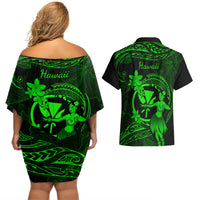 Hawaii Couples Matching Off Shoulder Short Dress and Hawaiian Shirt Hula Girl Mix Polynesian Plumeria Green Version LT14 - Polynesian Pride