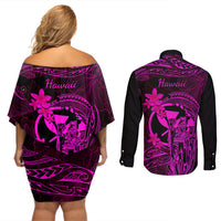 Hawaii Couples Matching Off Shoulder Short Dress and Long Sleeve Button Shirts King Kamehameha Mix Polynesian Plumeria Pink Version LT14 - Polynesian Pride
