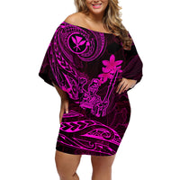 Hawaii Off Shoulder Short Dress King Kamehameha Mix Polynesian Plumeria Pink Version LT14 Women Pink - Polynesian Pride
