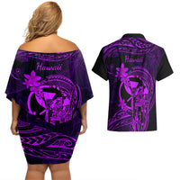 Hawaii Couples Matching Off Shoulder Short Dress and Hawaiian Shirt King Kamehameha Mix Polynesian Plumeria Purple Version LT14 - Polynesian Pride