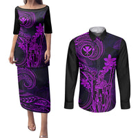 Hawaii Couples Matching Puletasi Dress and Long Sleeve Button Shirts King Kamehameha Mix Polynesian Plumeria Purple Version LT14 Purple - Polynesian Pride