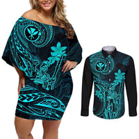 Hawaii Couples Matching Off Shoulder Short Dress and Long Sleeve Button Shirts King Kamehameha Mix Polynesian Plumeria Turquoise Version LT14 Turquoise - Polynesian Pride