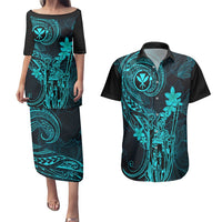 Hawaii Couples Matching Puletasi Dress and Hawaiian Shirt King Kamehameha Mix Polynesian Plumeria Turquoise Version LT14 Turquoise - Polynesian Pride