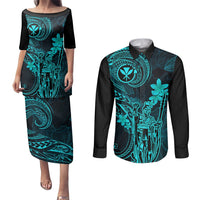 Hawaii Couples Matching Puletasi Dress and Long Sleeve Button Shirts King Kamehameha Mix Polynesian Plumeria Turquoise Version LT14 Turquoise - Polynesian Pride