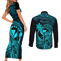Hawaii Couples Matching Short Sleeve Bodycon Dress and Long Sleeve Button Shirts King Kamehameha Mix Polynesian Plumeria Turquoise Version LT14 - Polynesian Pride