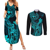 Hawaii Couples Matching Summer Maxi Dress and Long Sleeve Button Shirts King Kamehameha Mix Polynesian Plumeria Turquoise Version LT14 Turquoise - Polynesian Pride